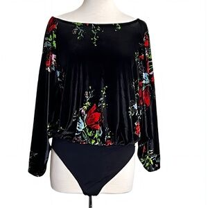 Free People Black Velvet Slouchy Floral Bodysuit Keyhole Amor Whimsigoth Large